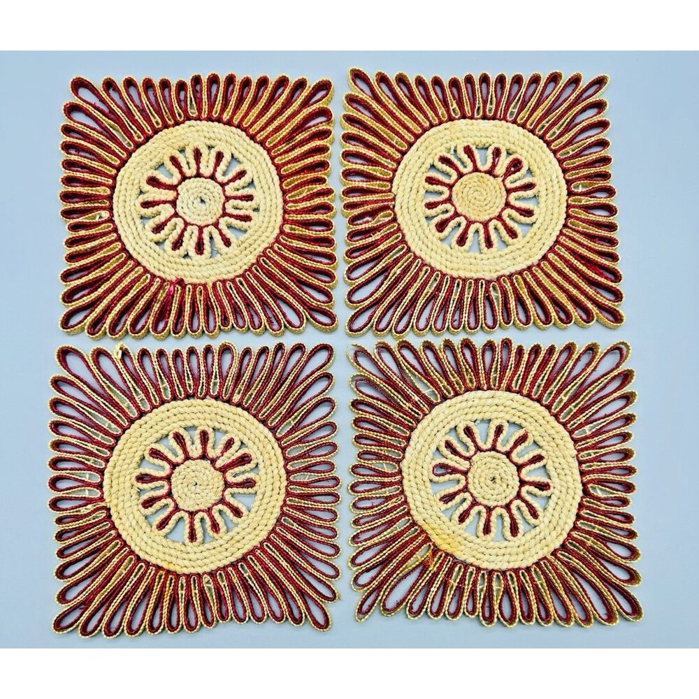 Rafia Woven Colorful Trivets Boho Style Decor Set of‎ 4 1970s Red Square 7 inch
